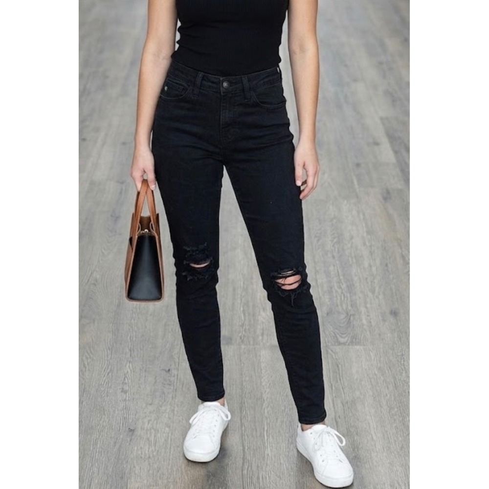 KanCan Womens Black Distressed Ripped Knee Skinny Jeans KC1654BK Size 26 W5